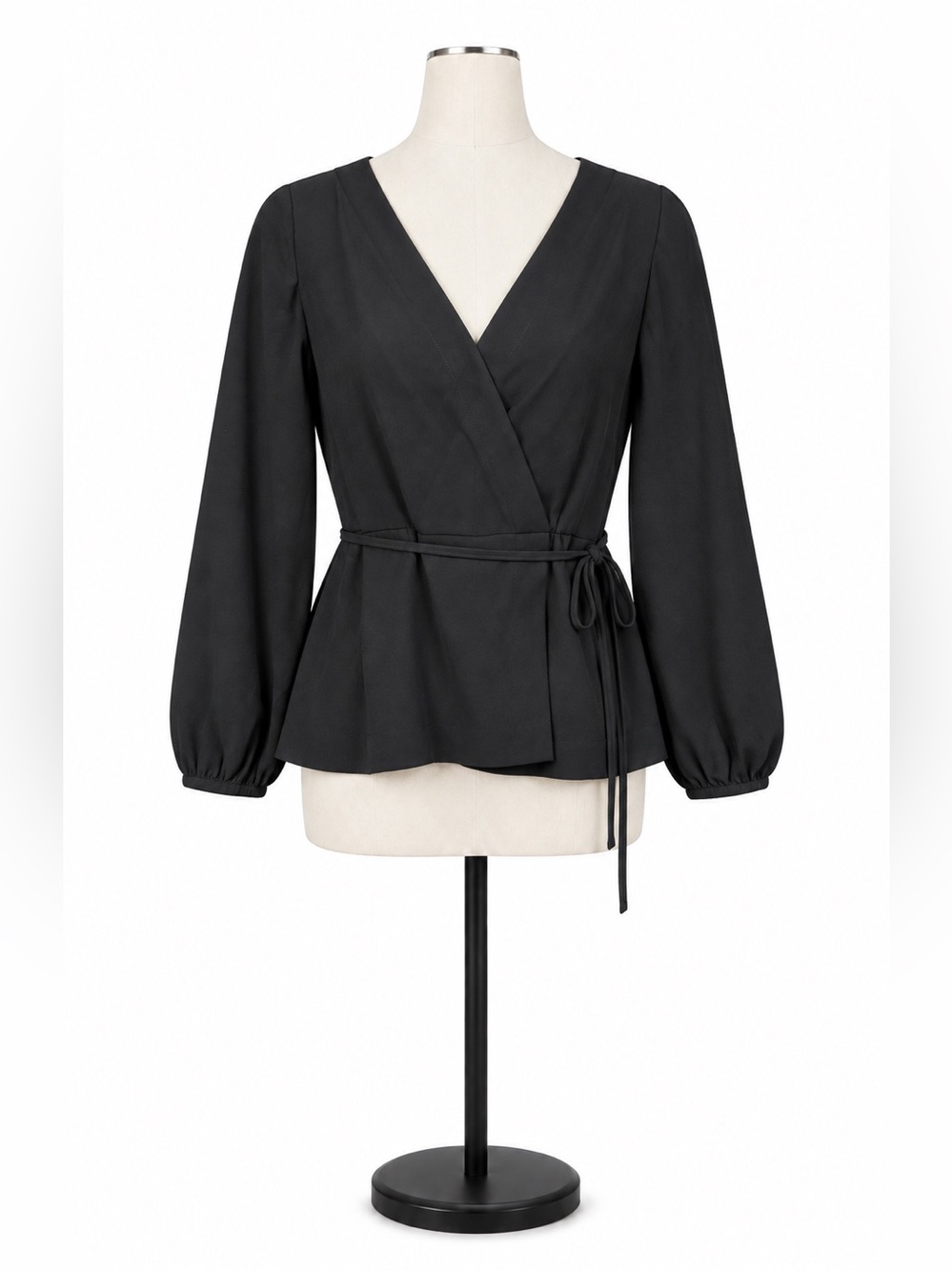 J.Crew Black Wrap Blouse Size 12 V-Neck Long Sleeve Tie Waist Side Zipper